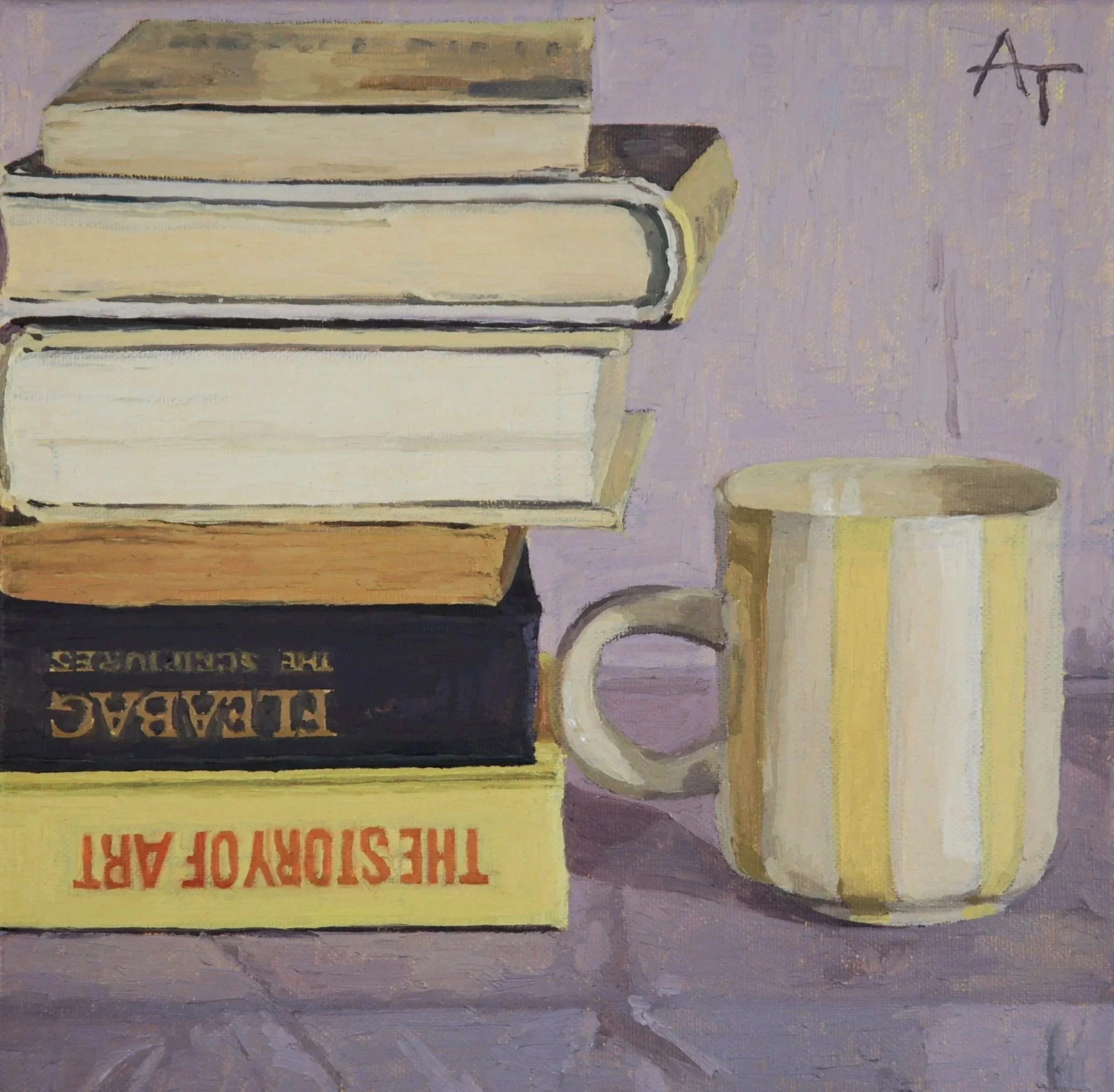 A close-up of a stack of vintage books with purple and lemon yellow cover and black text, resting on a textured, purple-bluish lilac surface. a painting study still life. Some of the artists favourite books: Fleabag by Phoebe Waller-Bridge and The St