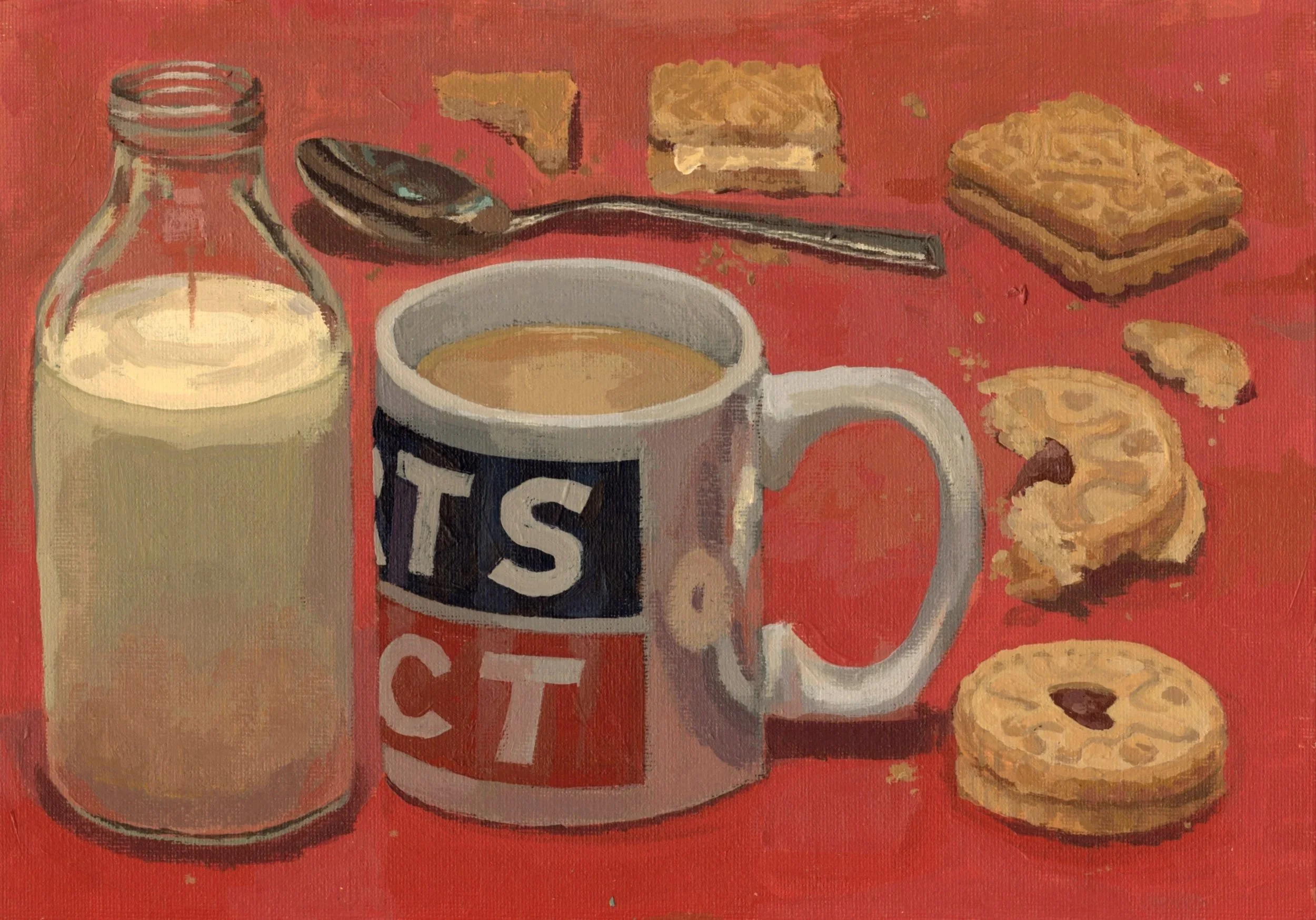Painting of a teatime scene with a jug or bottle of milk, a large sports direct mug of tea, and biscuits such as jammy dodgers and custard creams on a red background. The artist combines medieval perspectives with modern objects for a paired back and