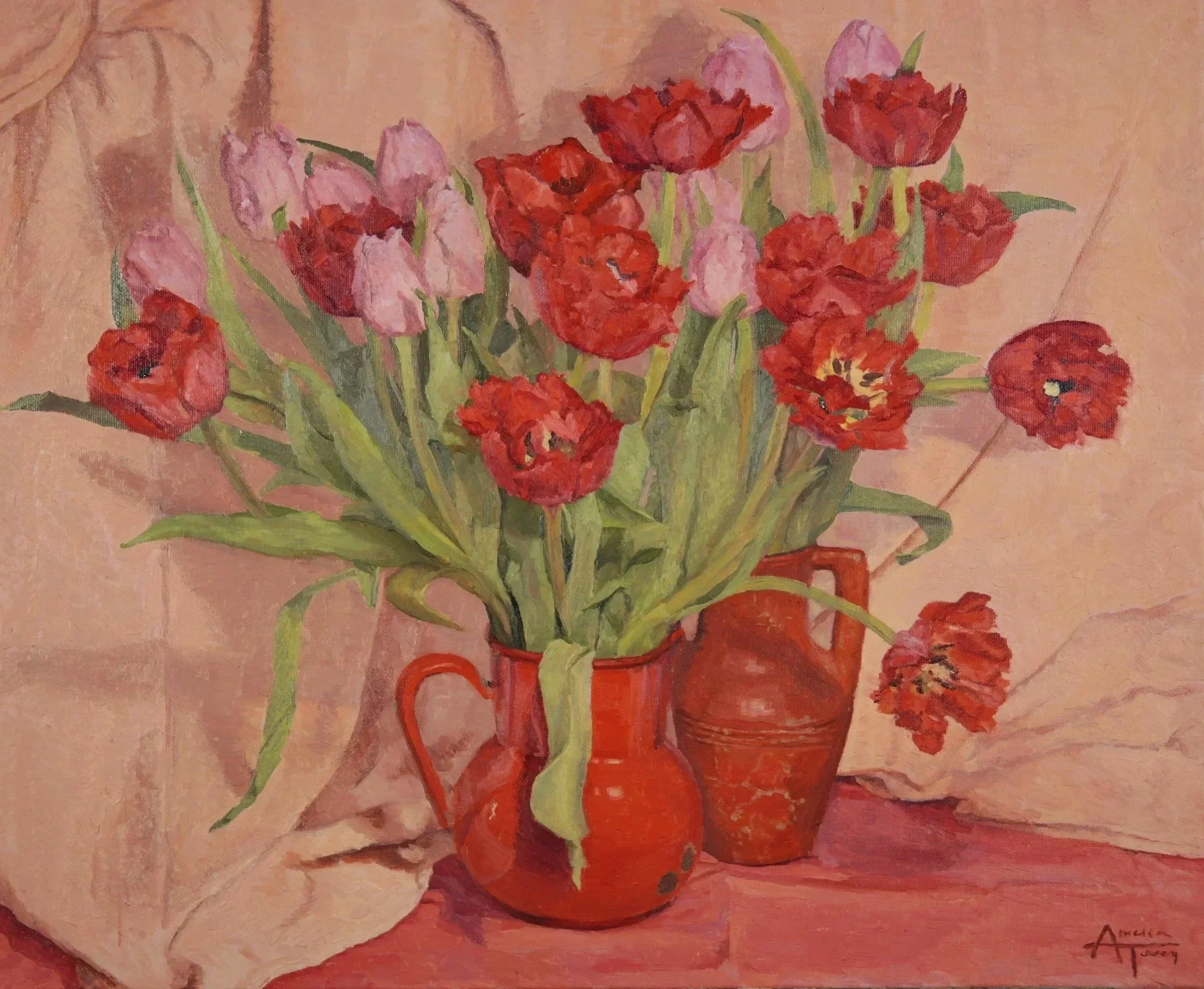 A still life painting of a bouquet of pink and red tulips in a pair of red vases, placed on a pink surface with a pink cloth background. 