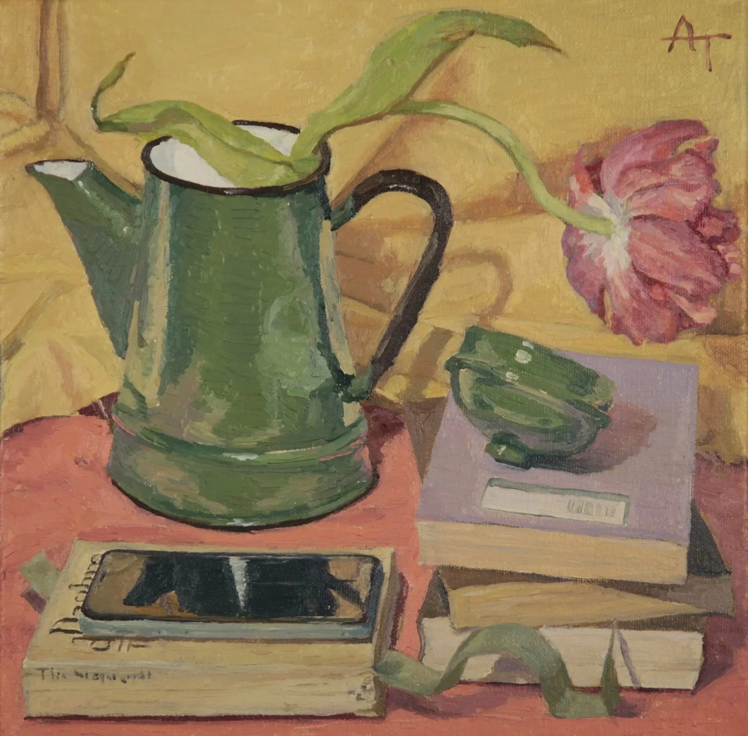 Modern still life painting of a green enamel teapot  with a plant inside, a pink tulip flower, and an iPhone lying on a closed Daphne Du Maurierbook on a pink linen surface with a yellow background.