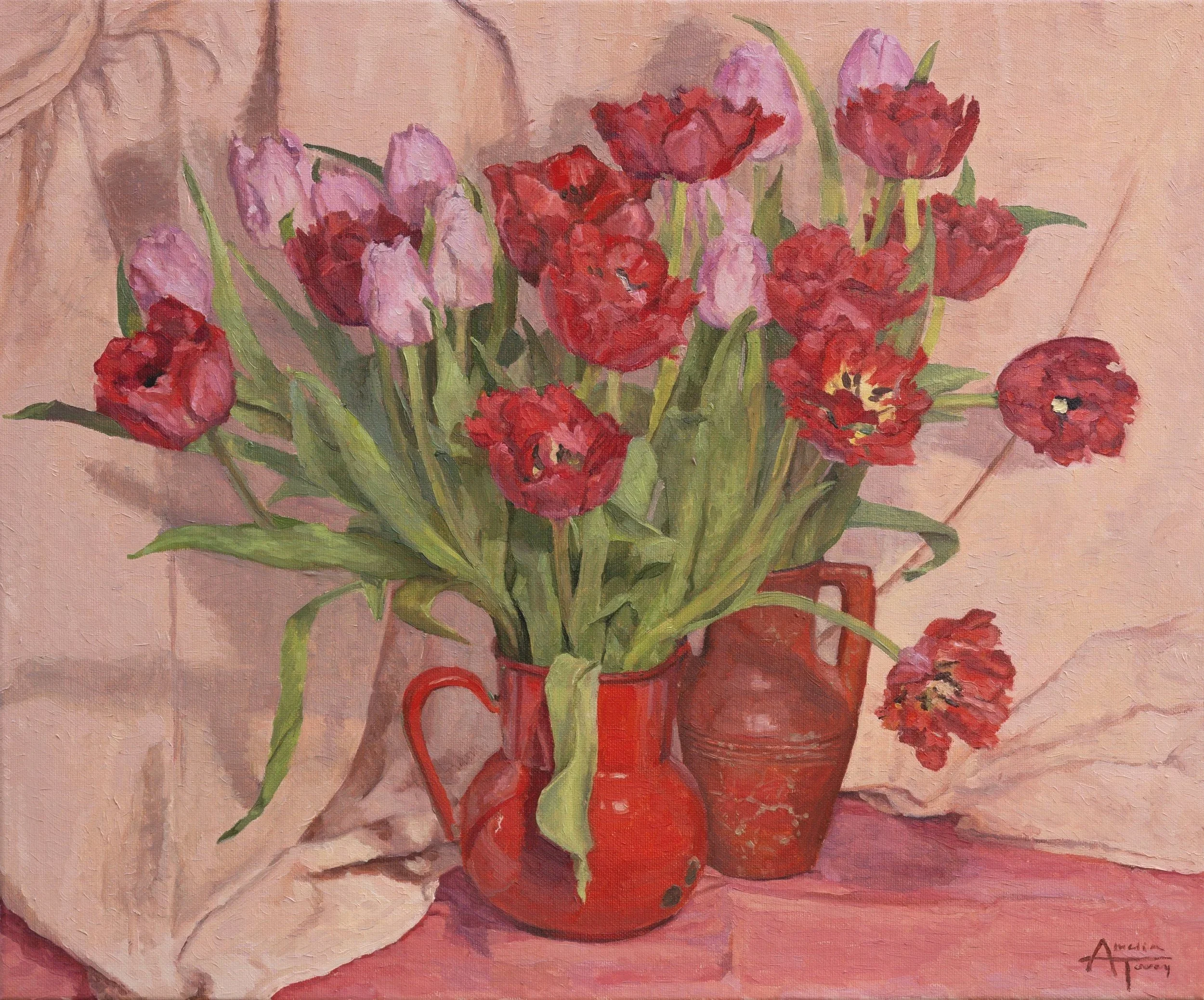 A still life painting of a bouquet of pink and red tulips in a pair of red vases, placed on a pink surface with a pink cloth background. 