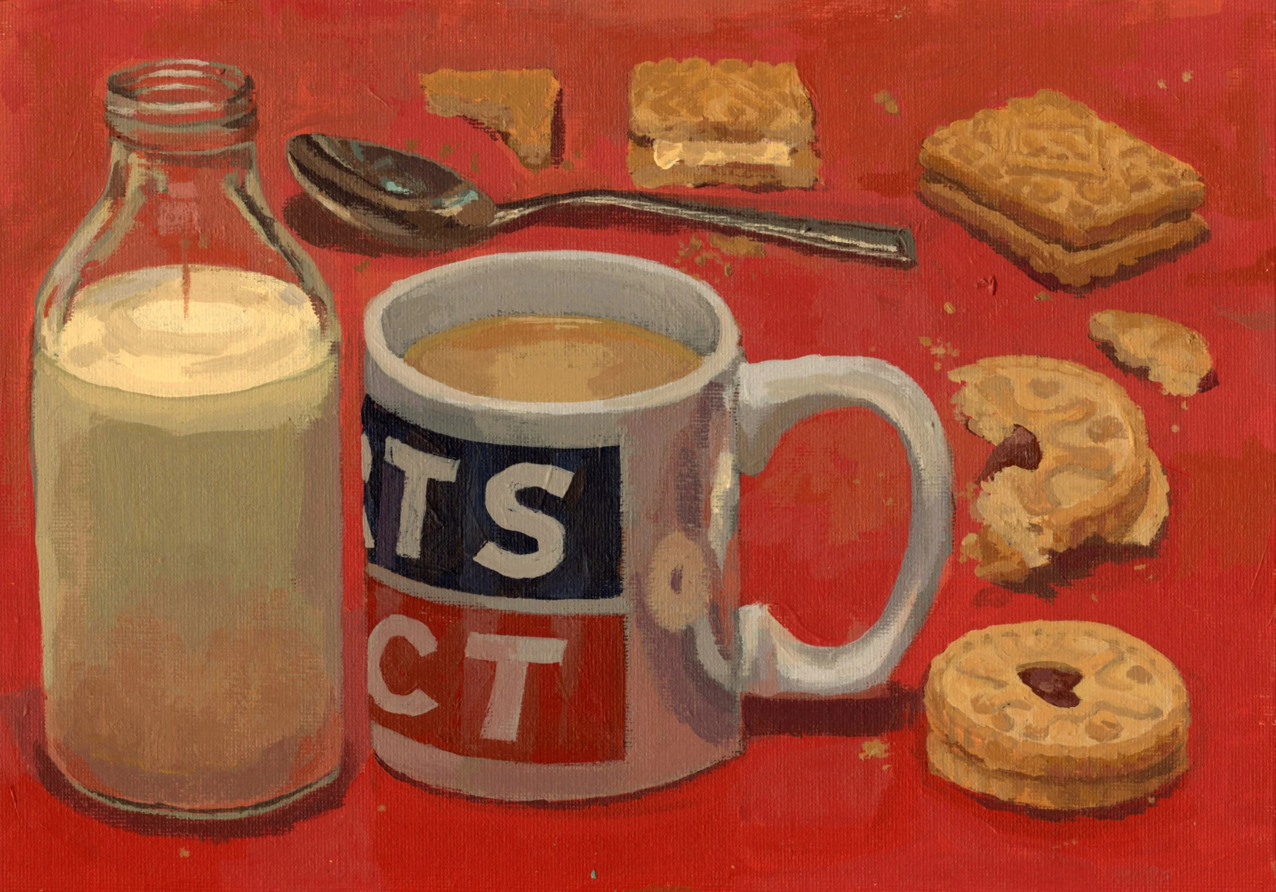 Painting of a breakfast scene with a glass of milk, a large mug of tea, and biscuits such as jammy dodgers and custard creams on a red background.