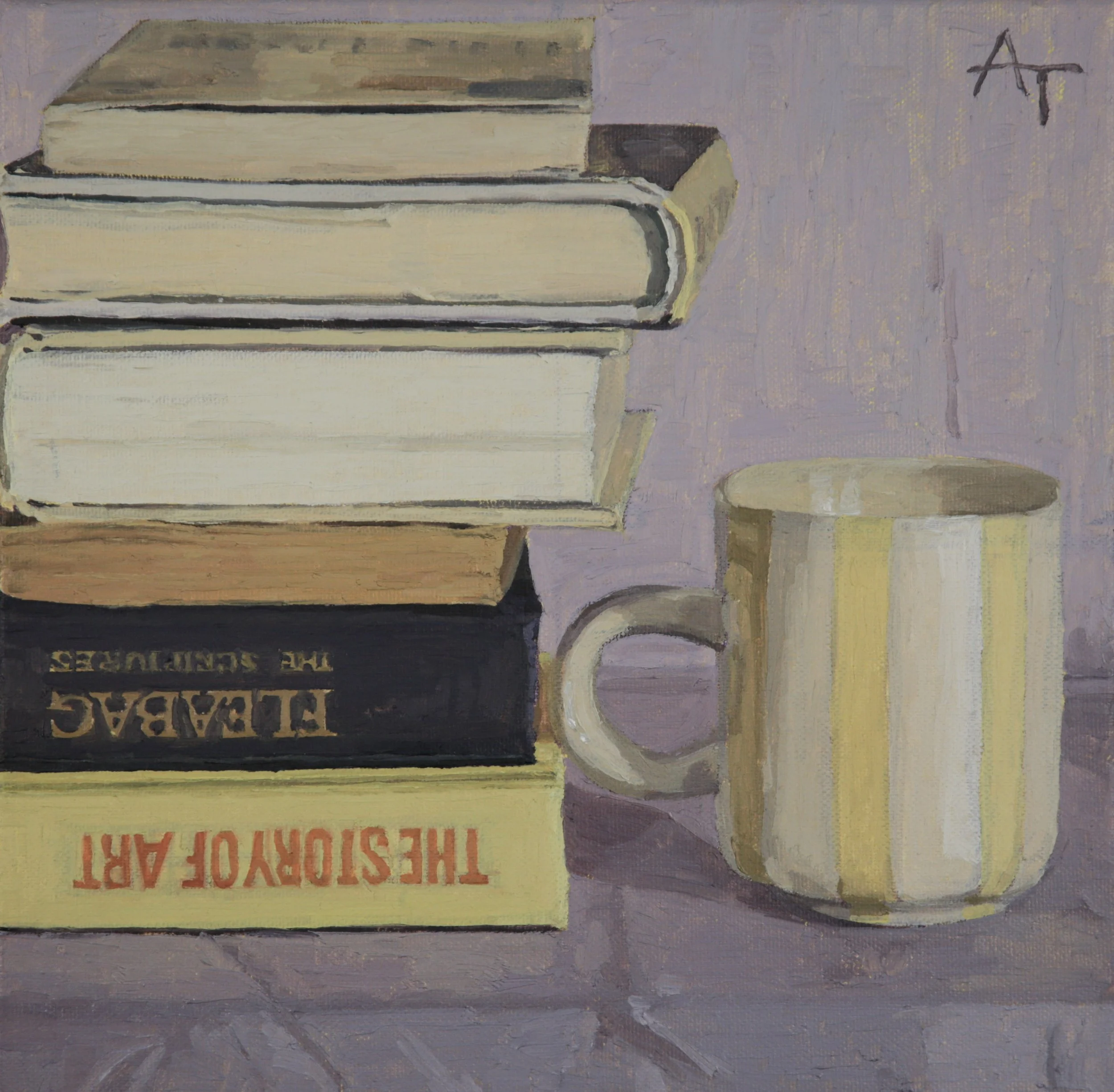 Painting of stacked books on a table with a mug nearby and the script for "FLEABAG' by Phoebe Waller-Bridge and "THE STORY OF ART" by Katy Hessel book."