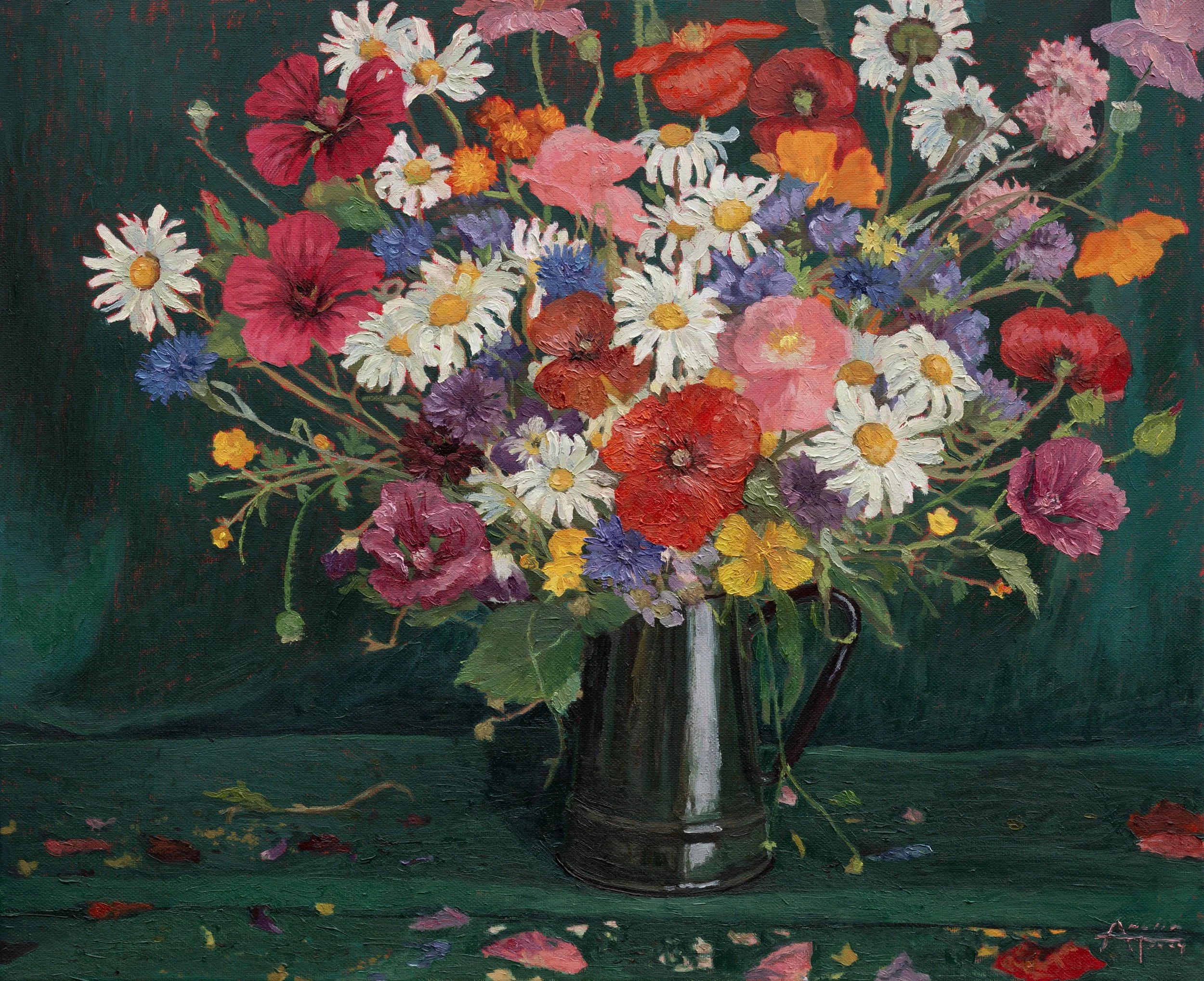 A still life painting of wildflowers, including poppies, cornflowers and daisies in a dark green pthalo enamel jug with a dark forrest green silk cloth backdrop. This was painting during a June heatwave, a very hot and hazy summer.