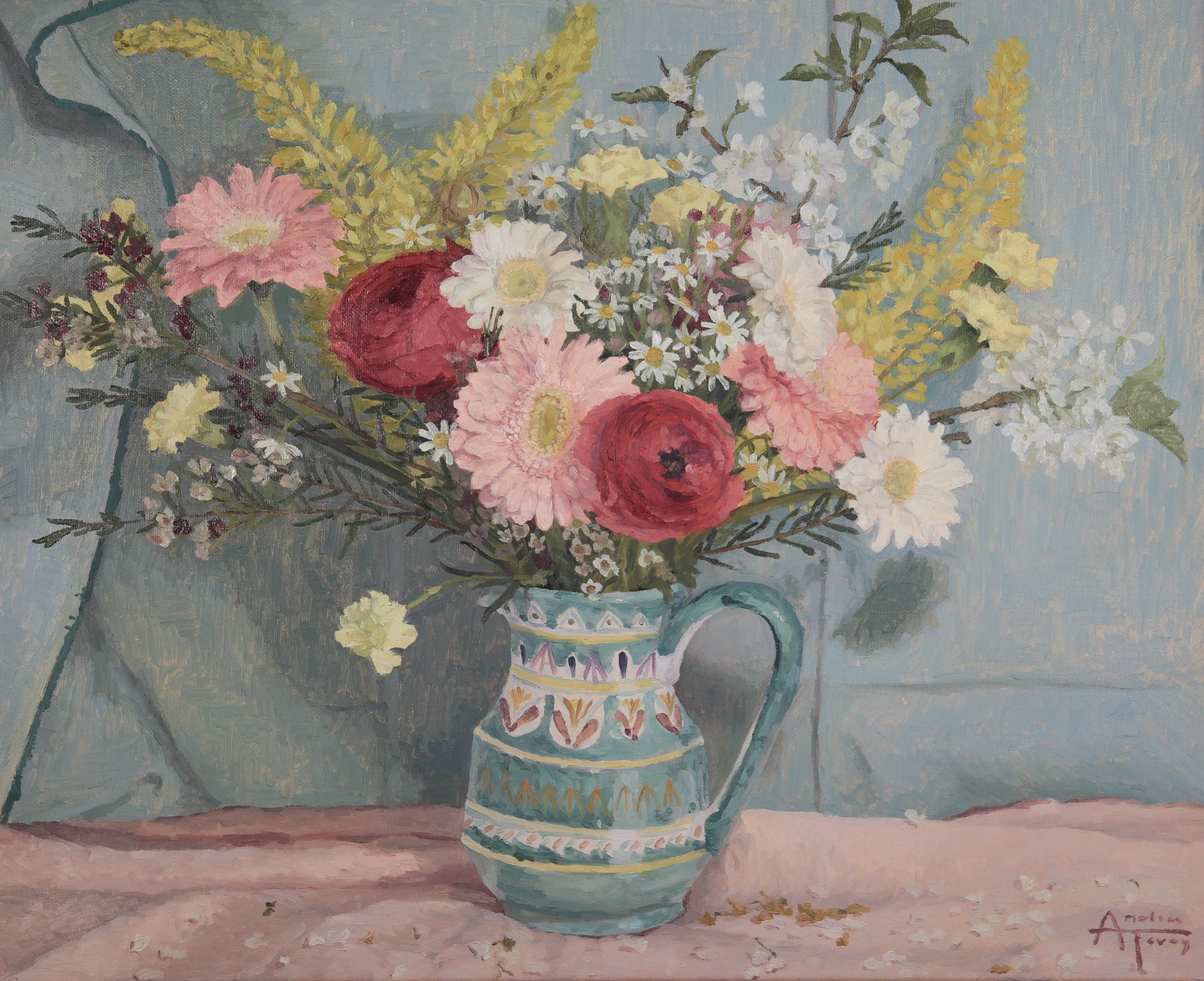 A still life oil painting of a bouquet of various flowers in a decorative vase. The flowers include pale pink, white, red, and yellow blooms, set against a light blue background with a pinkish table surface scattered with cherry and apple blossoms.
