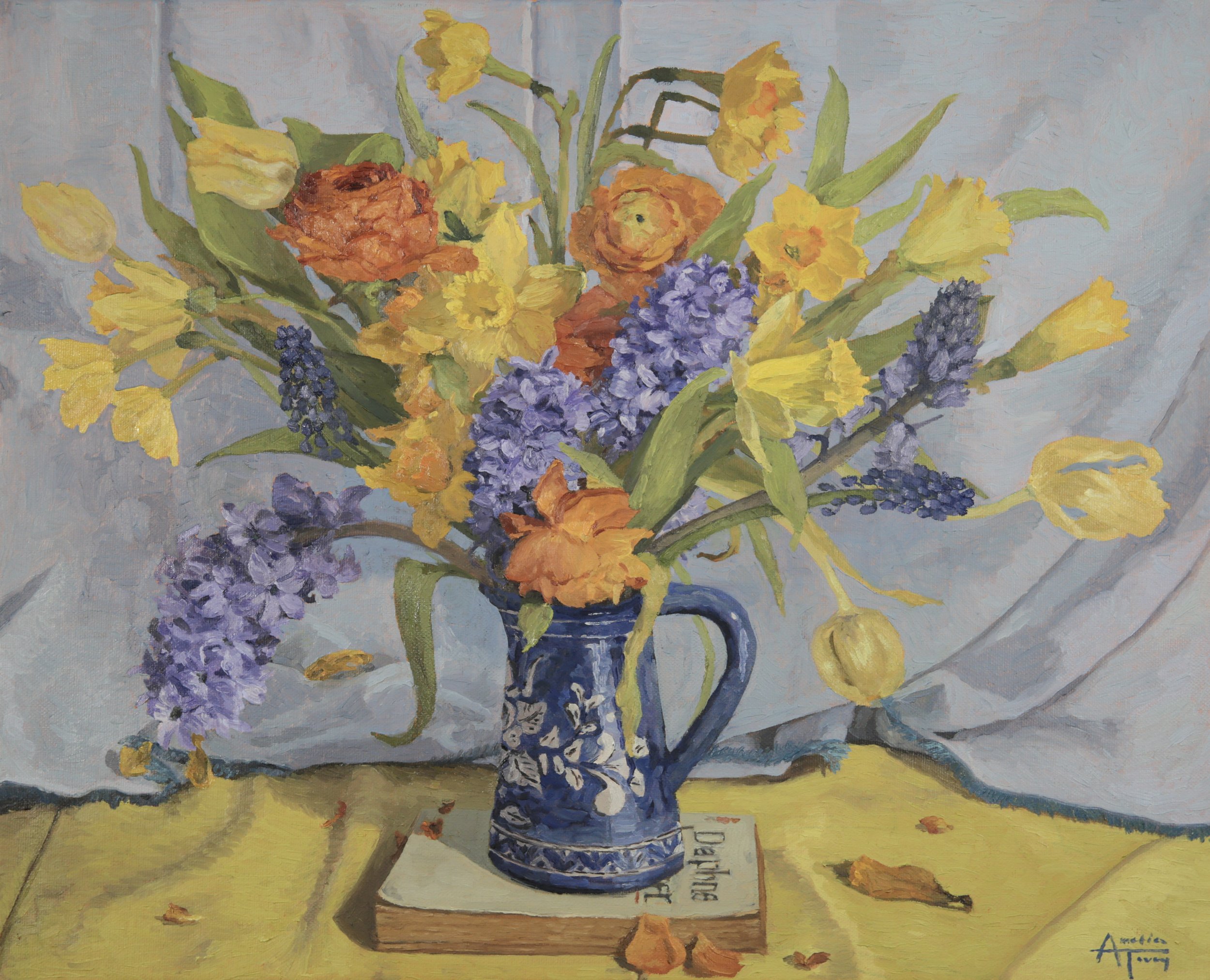 A colorful still life painting of a bouquet of flowers in a blue vase on a yellow cloth, with a light blue background.