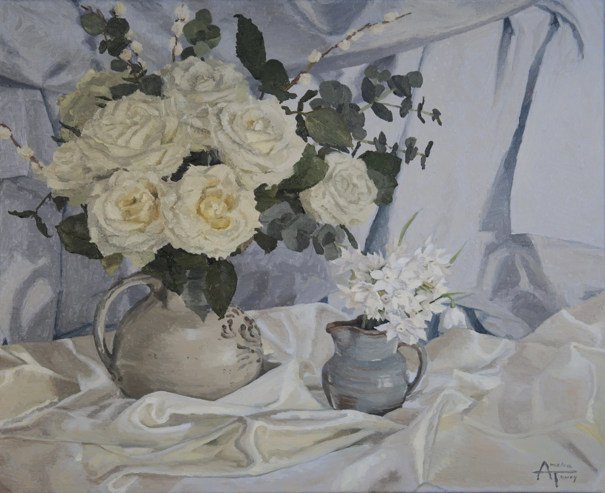 Painted still life of white roses in a ceramic pitcher with green foliage, placed on a light-colored cloth with a soft background.