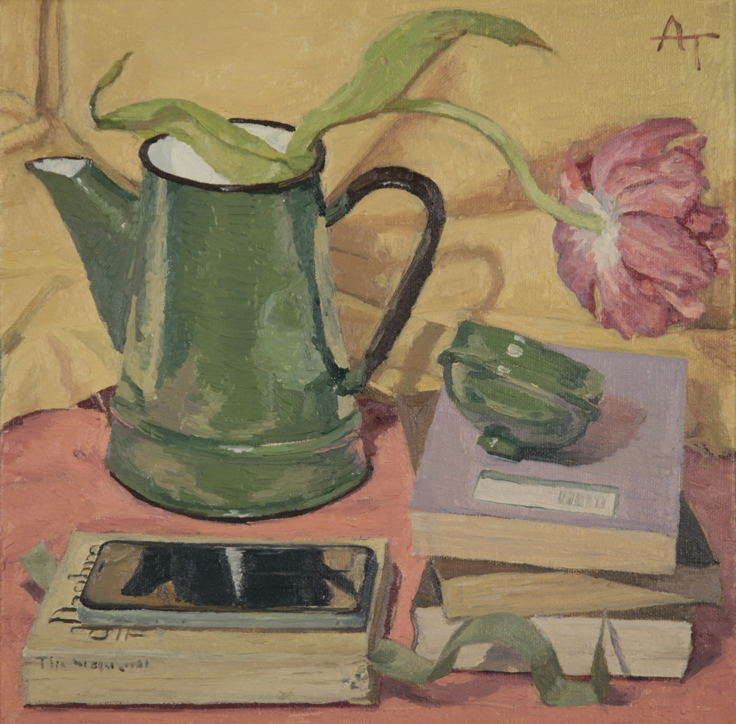 Modern still life painting of a green enamel teapot  with a plant inside, a pink tulip flower, and an iPhone lying on a closed book on a pink linen surface with a yellow background.