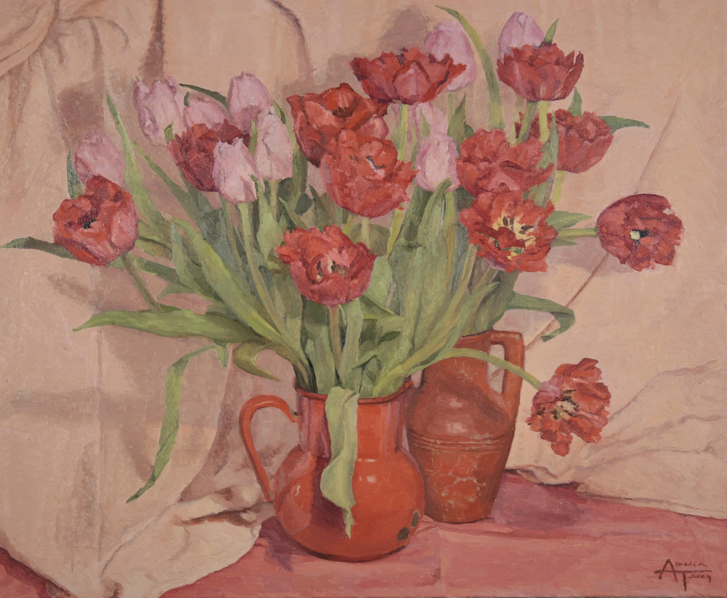 A still life painting of a bouquet of pink and red tulips in a pair of red vases, placed on a pink surface with a pink cloth background. 
