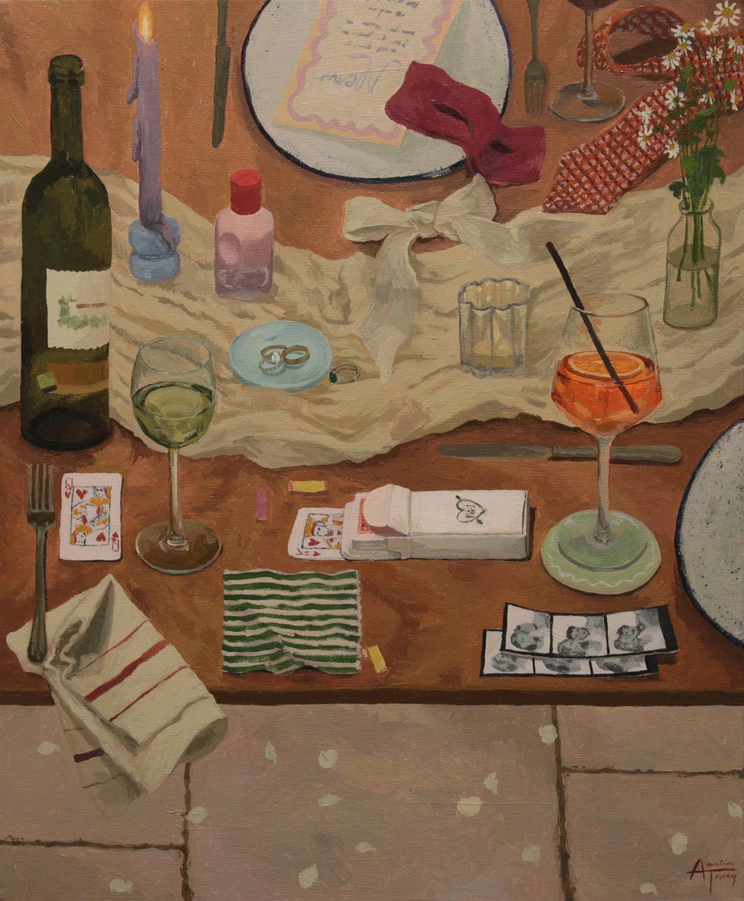 A still life painting of a dining table with various items including a bottle of wine, a glass of white wine, a candle, a plate with a red cloth, a small bottle, a pair of rings on a blue plate, a knife and fork, a vase with daisies, an open book or card with love hearts, and playing cards