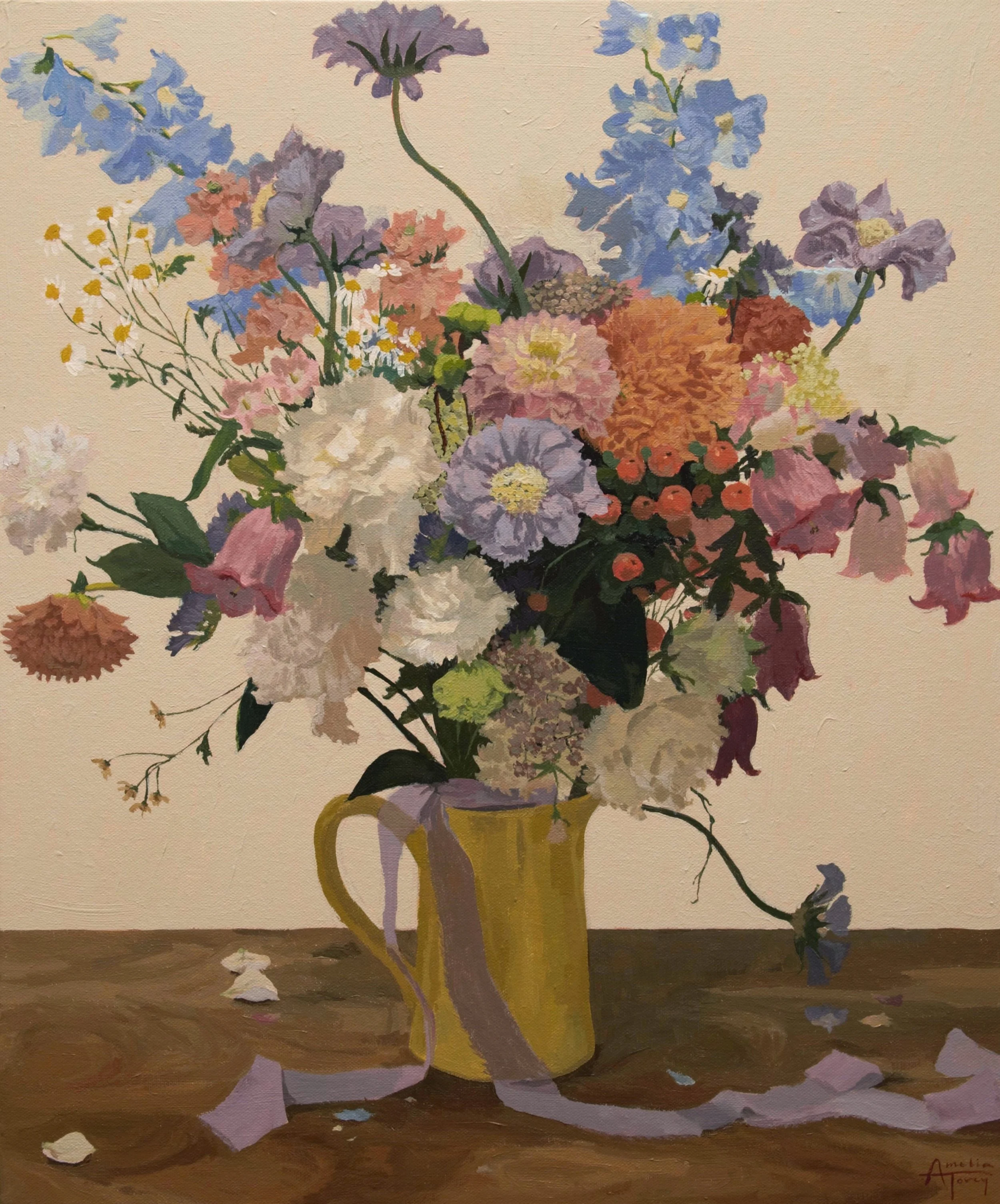 A still life painting of a yellow jug vase filled with a bouquet of various colorful flowers, including pink, purple, blue, and orange blooms, against a neutral background, with a trailing ribbon. These are flowers from a wedding. 