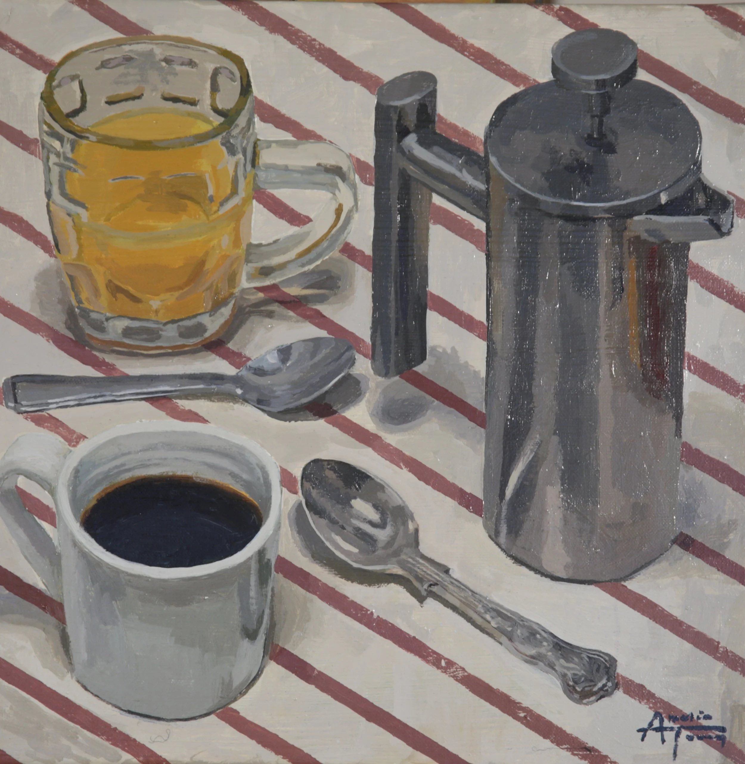 A painting of a yellow glass of orange juice with a mug with a handle and a black coffee and a stainless steel cafetière on a white surface with red diagonal lined tablecloth. The painting is signed in the bottom right corner.