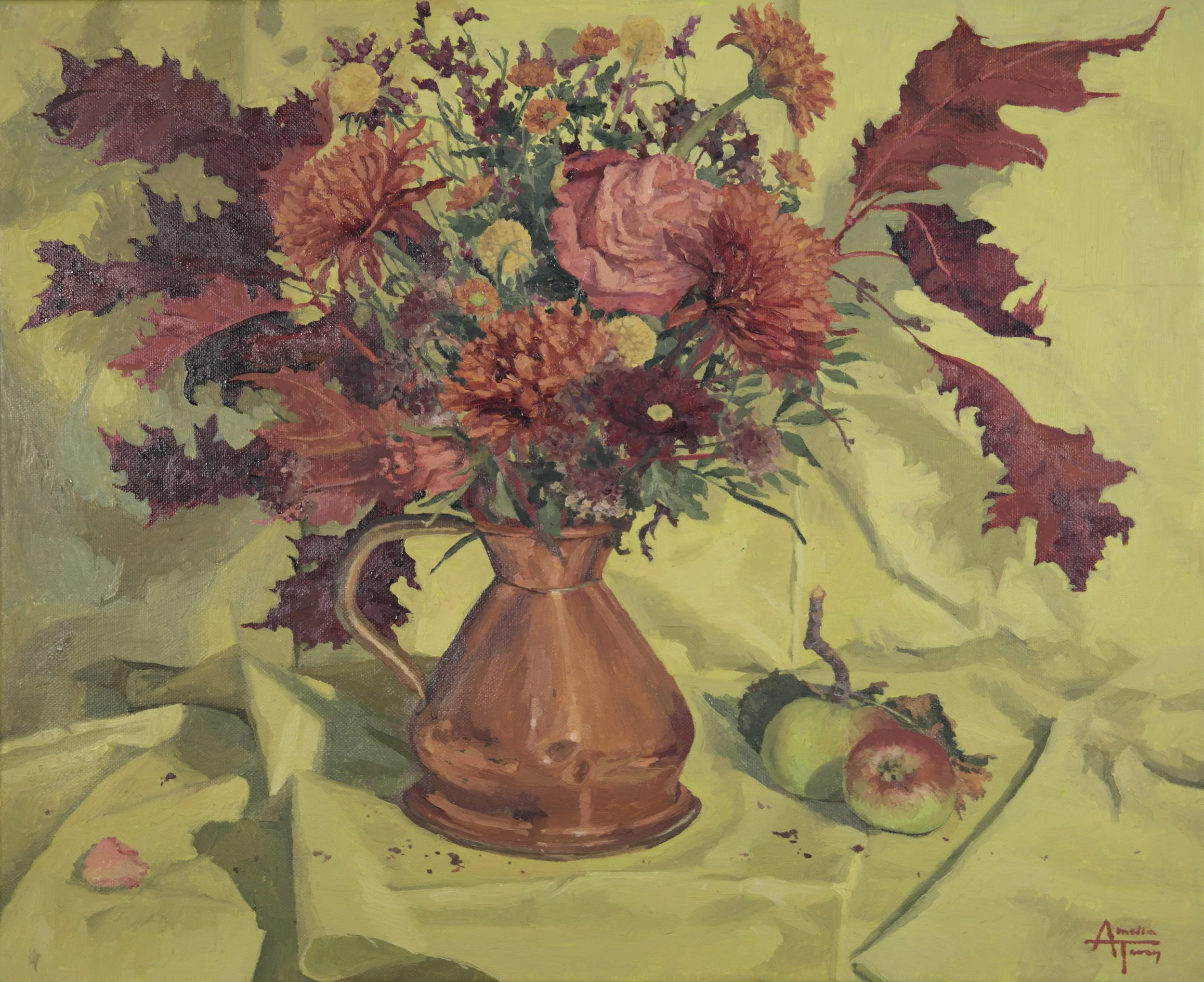 A painting of an autumnal still life featuring a large urn filled with pink and orange flowers, with green and brown autumn fall leaves and smaller flowers around it, on a yellowish lime green background.