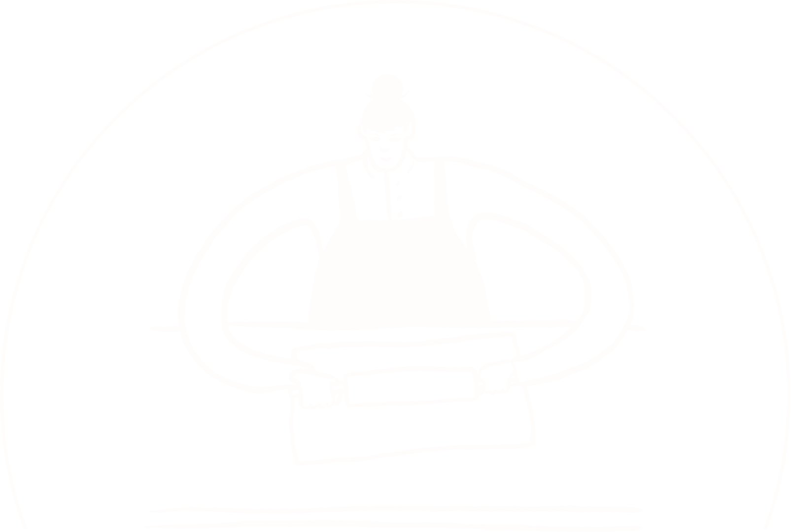Line drawing of a woman wearing glasses, a winter hat, a button-up shirt, and an apron, holding a rolling pin and a baking sheet.