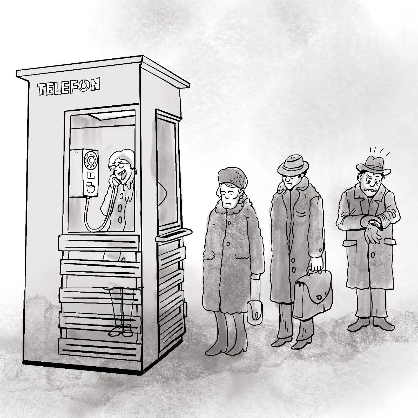 Skisse til illustrasjon om telefonk&oslash;. Den kan v&aelig;re irriterende nok i dag  men man slipper i det minste &aring; st&aring; ute og fryse..#skisse