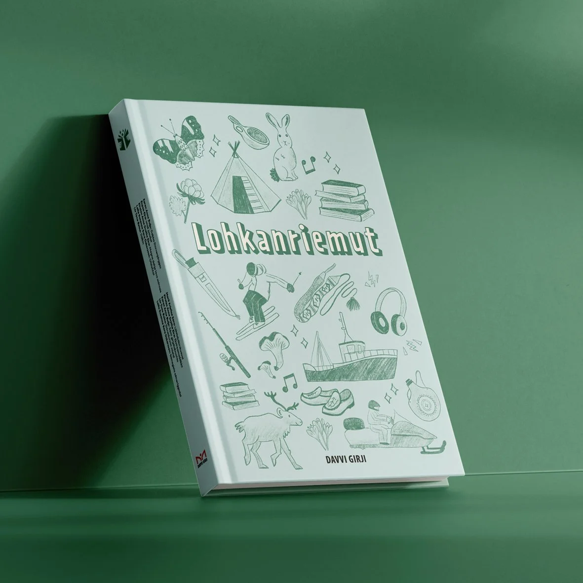 Lohkanriemut, Davvi Girji. Eskedesign og illustrasjon. Esken er dekket av håndtegnede motiver som viser hverdagen og naturen i nord