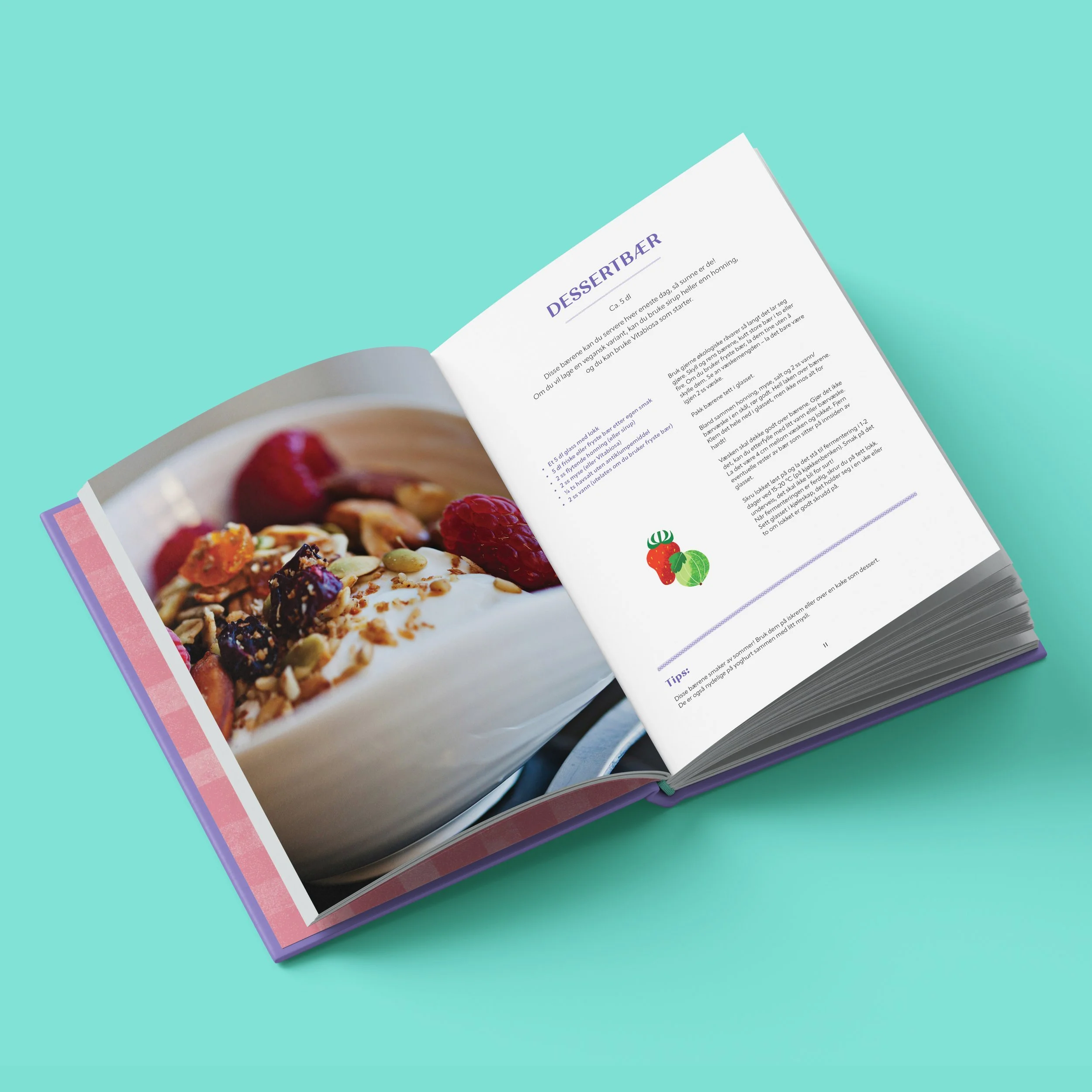 Kokebokkonsept: Fermenteringsmagi
Innmat til kokebok om fermentering av frukt og bær. Ikke utgitt.
Illustrasjon, typografi og layout
Foto (granola): Joan McEwan / Unsplash