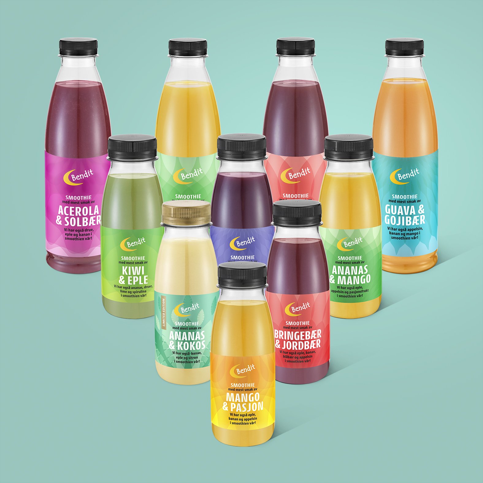 Bendit smoothie
Emballasjedesign for BAMA
Emballasje, illustrasjon og layout