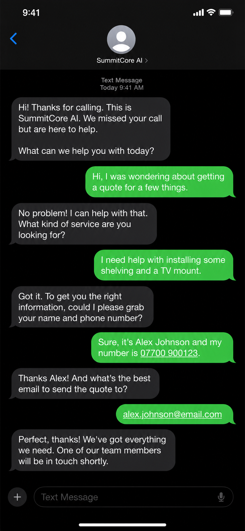 Text message conversation between a customer and SummitCore AI about installing a TV shelf and mount, including sharing contact details.