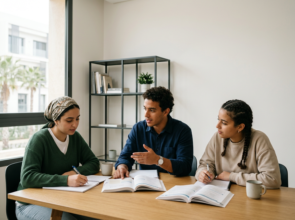 Drei junge Menschen sitzen an einem Tisch in einem Besprechungsraum, diskutieren und machen Notizen während eines Studiums oder einer Besprechung.