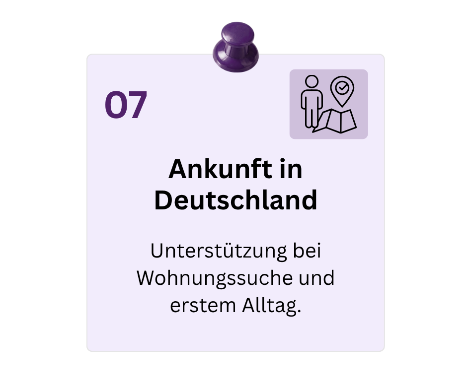 Ein violetter Informationszettel mit der Aufschrift "Ankunft in Deutschland" und einem Icon eines Menschen mit Karte, mit Unterstützung bei Wohnungssuche und Alltag.