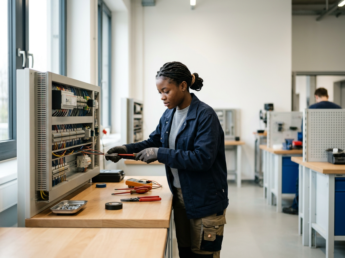 Eine junge Frau arbeitet an einem Elektronikprojekt in einem Labor, schneidet Kabel mit Zangen auf einem Arbeitstisch. Im Hintergrund sind Werkbänke und Geräte.