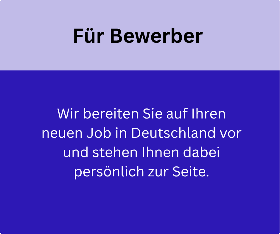 Grafik mit Text in Deutsch, der eine Dienstleistung für Bewerber bewirbt, um bei einem neuen Job in Deutschland zu unterstützen.