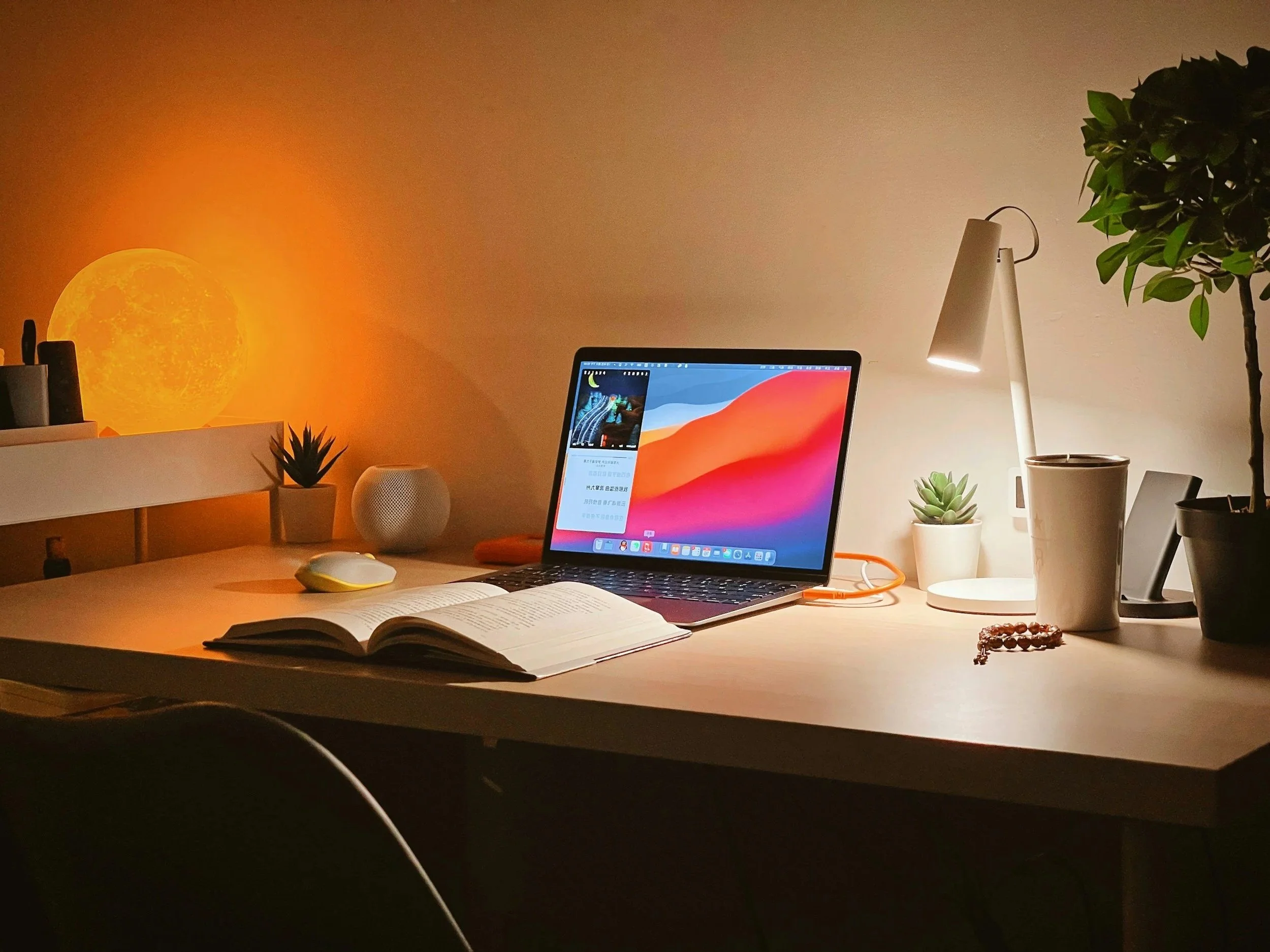 Ein Arbeitsplatz mit einem offenen Laptop, einer Maus, einem Buch, Zimmerpflanzen, einer Lampe und einem Sonnensymbol an der Wand.