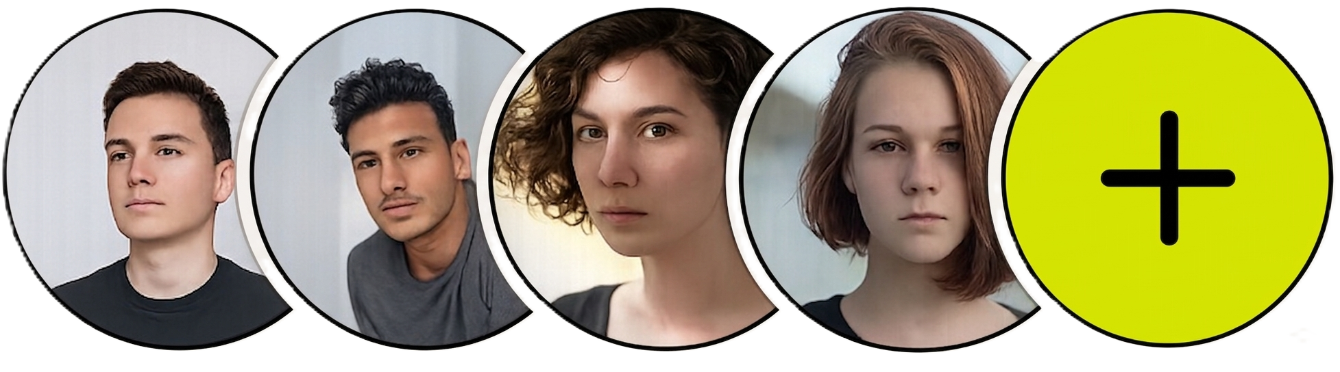 Series of four portraits showing diverse young adults with different hairstyles and expressions, next to a large yellow circle with a black plus sign.