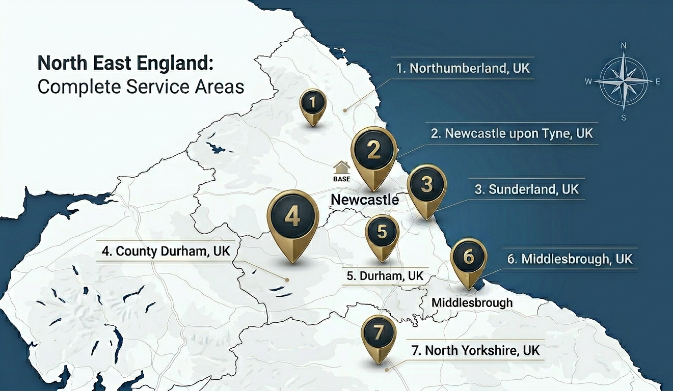 Map of North East England showing complete service areas for various locations, with numbered markers and labels indicating places such as Northumberland, Newcastle upon Tyne, Sunderland, County Durham, Durham, Middlesbrough, and North Yorkshire in the UK.
