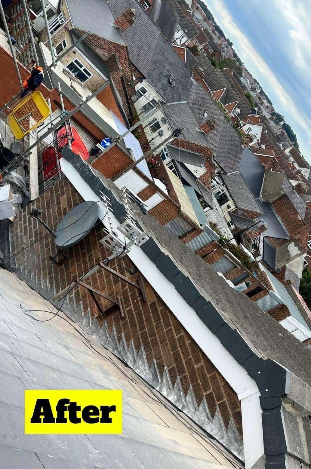 A rooftop view showing a corner with various tools, equipment, and materials likely used for maintenance or renovation. The word 'After' is displayed in a yellow box at the bottom left corner.