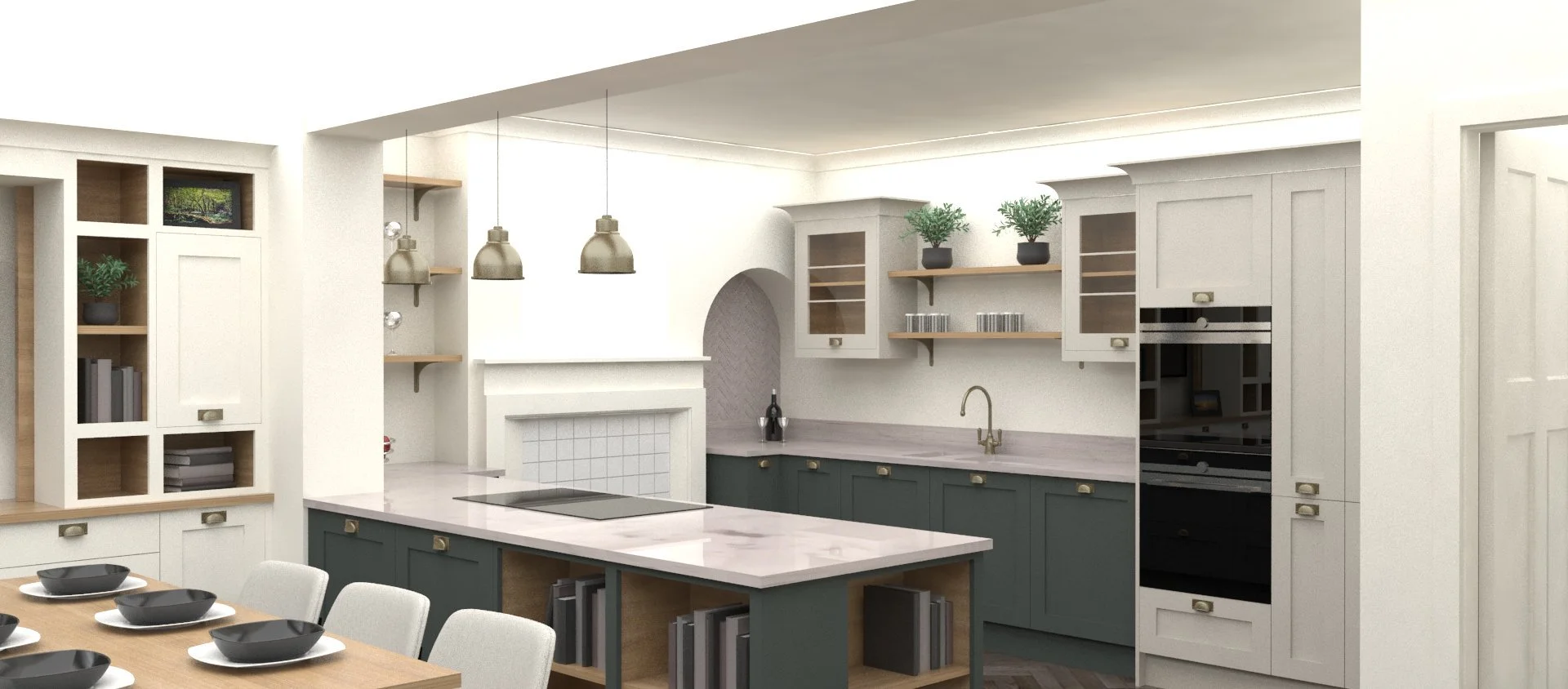 Modern kitchen with white cabinets, green lower cabinets, open shelving, a marble countertop, and potted plants on the upper shelves.