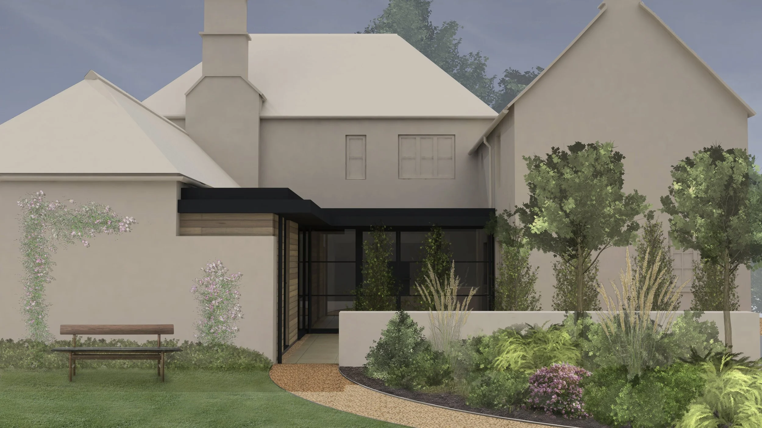Modern house with a landscaped yard, trees, bushes, and a curved pathway leading to the entrance.