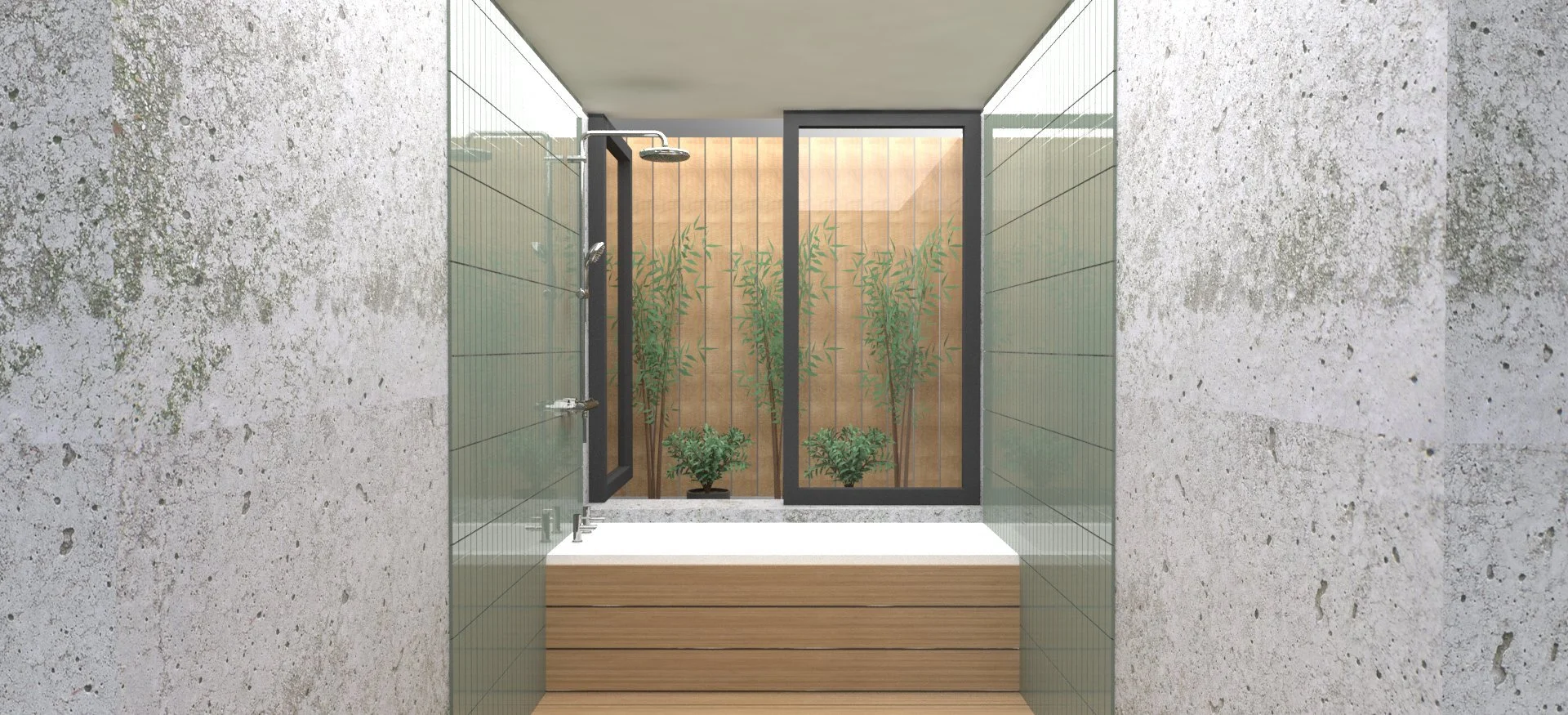 Modern shower with stone walls, glass doors, and green plants in the background.