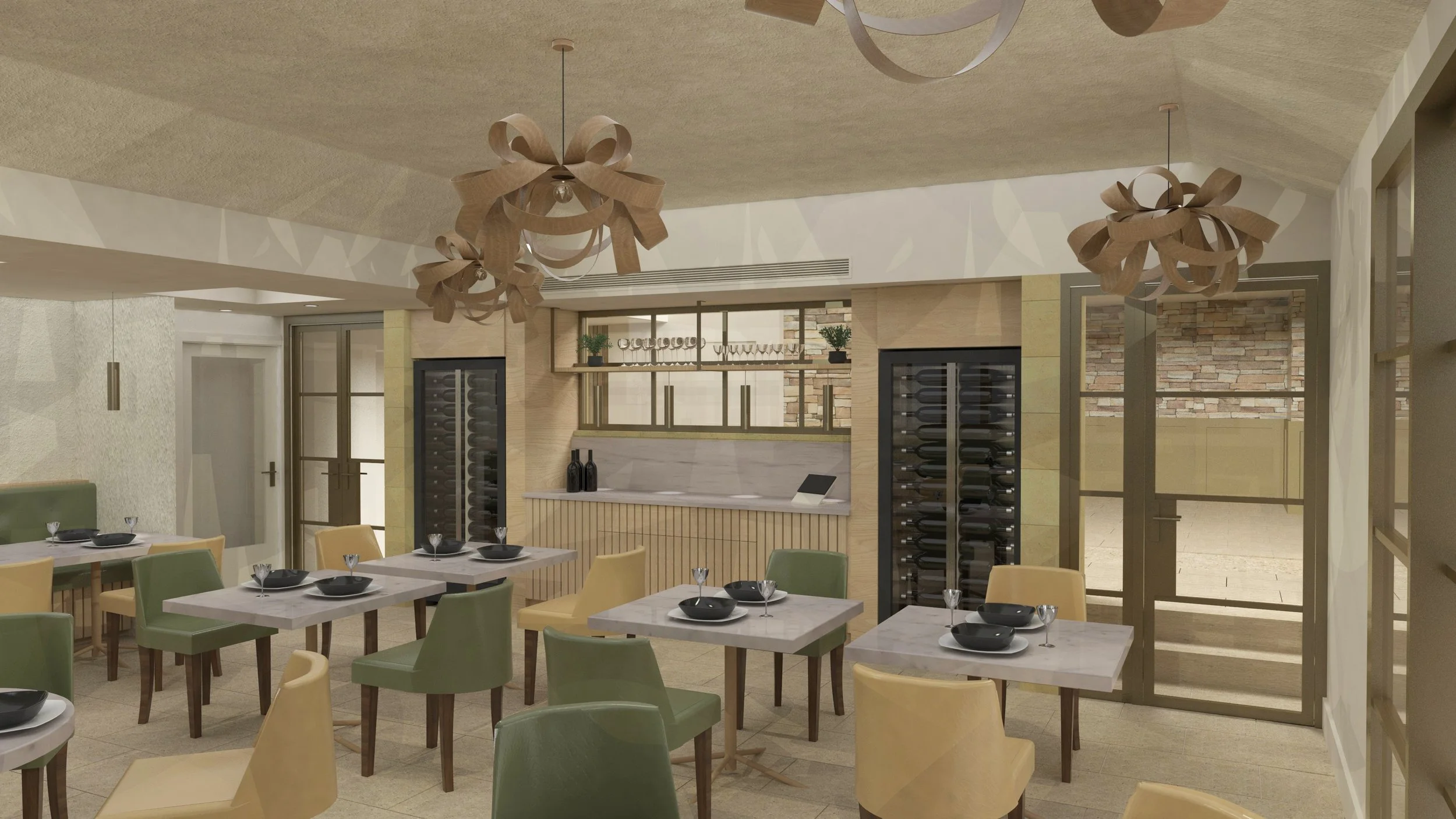 Modern restaurant interior with tables set with black bowls and wine glasses, green and yellow chairs, wood accents, and decorative light fixtures hanging from the ceiling.