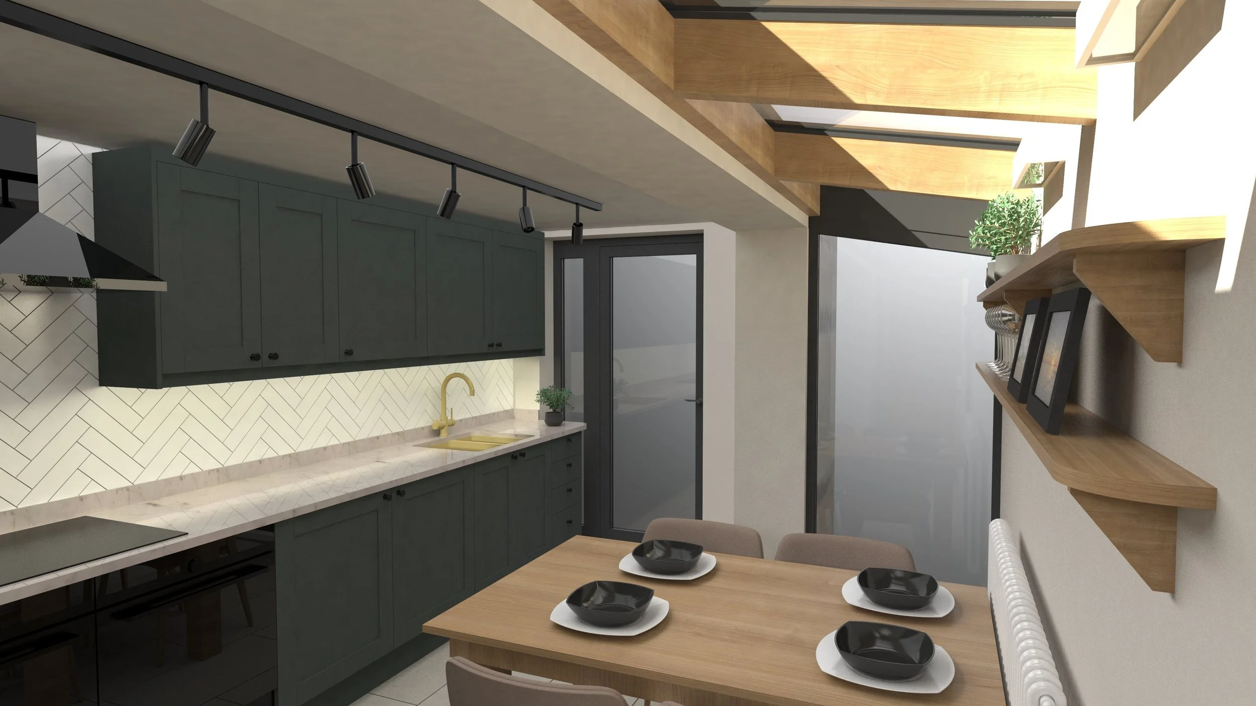 Modern kitchen with green cabinets, white marble countertops, a yellow sink, black track lighting, and floating wooden shelves with decorative items, small plants, and picture frames.