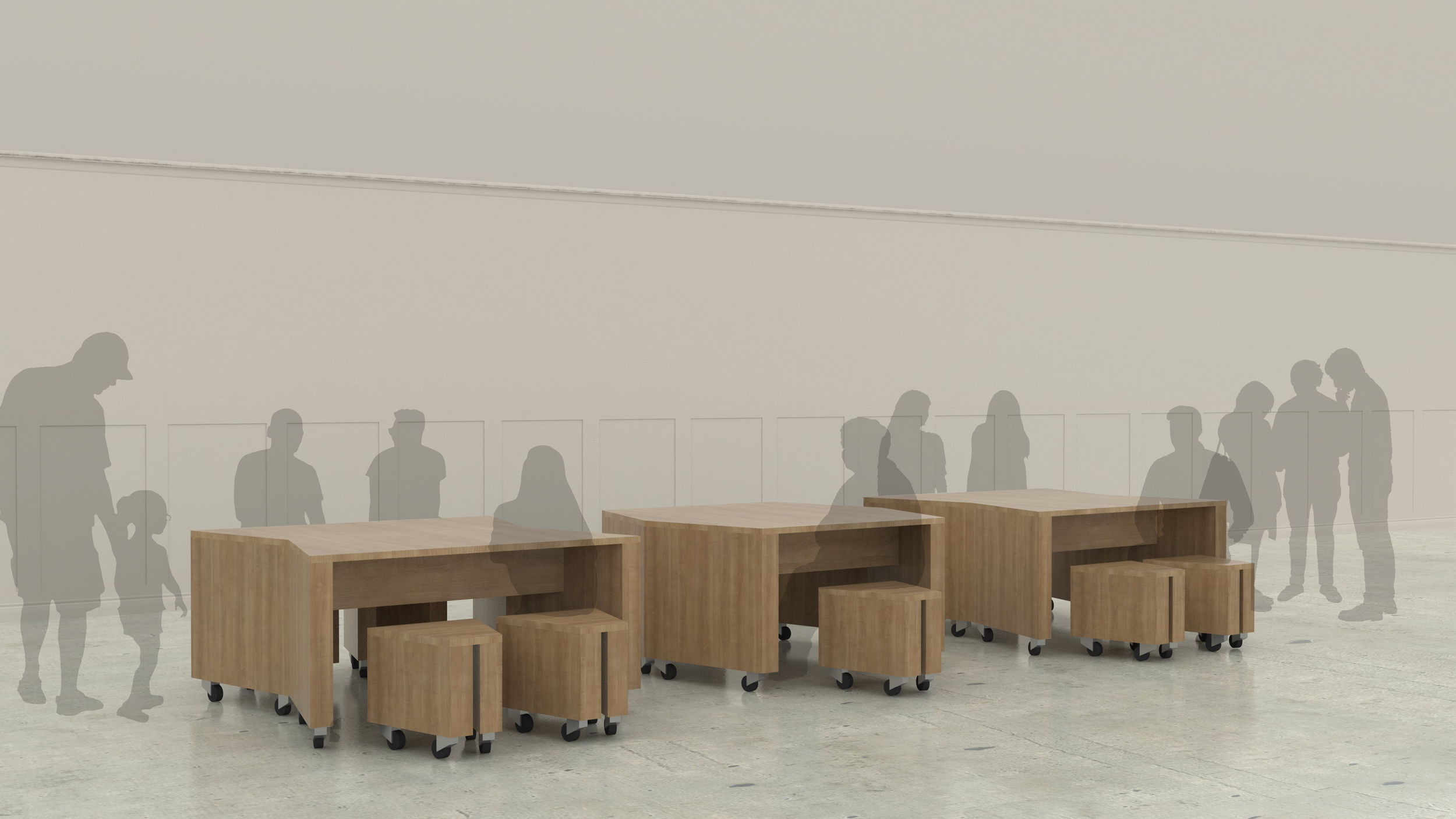 Multiple people are seen as shadowy silhouettes behind transparent walls in a minimalistic indoor space, with wooden tables and stools in the foreground.