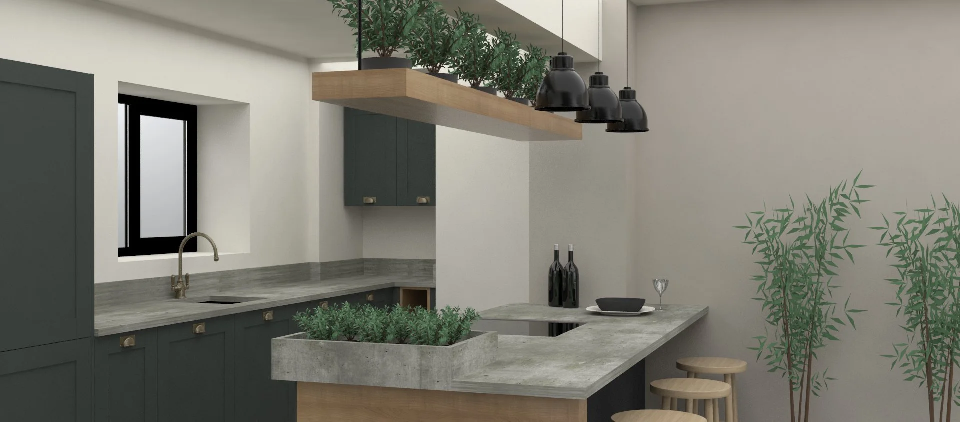 Modern kitchen with green cabinets, gray countertop, black pendant lights, potted plants, and bar stools.