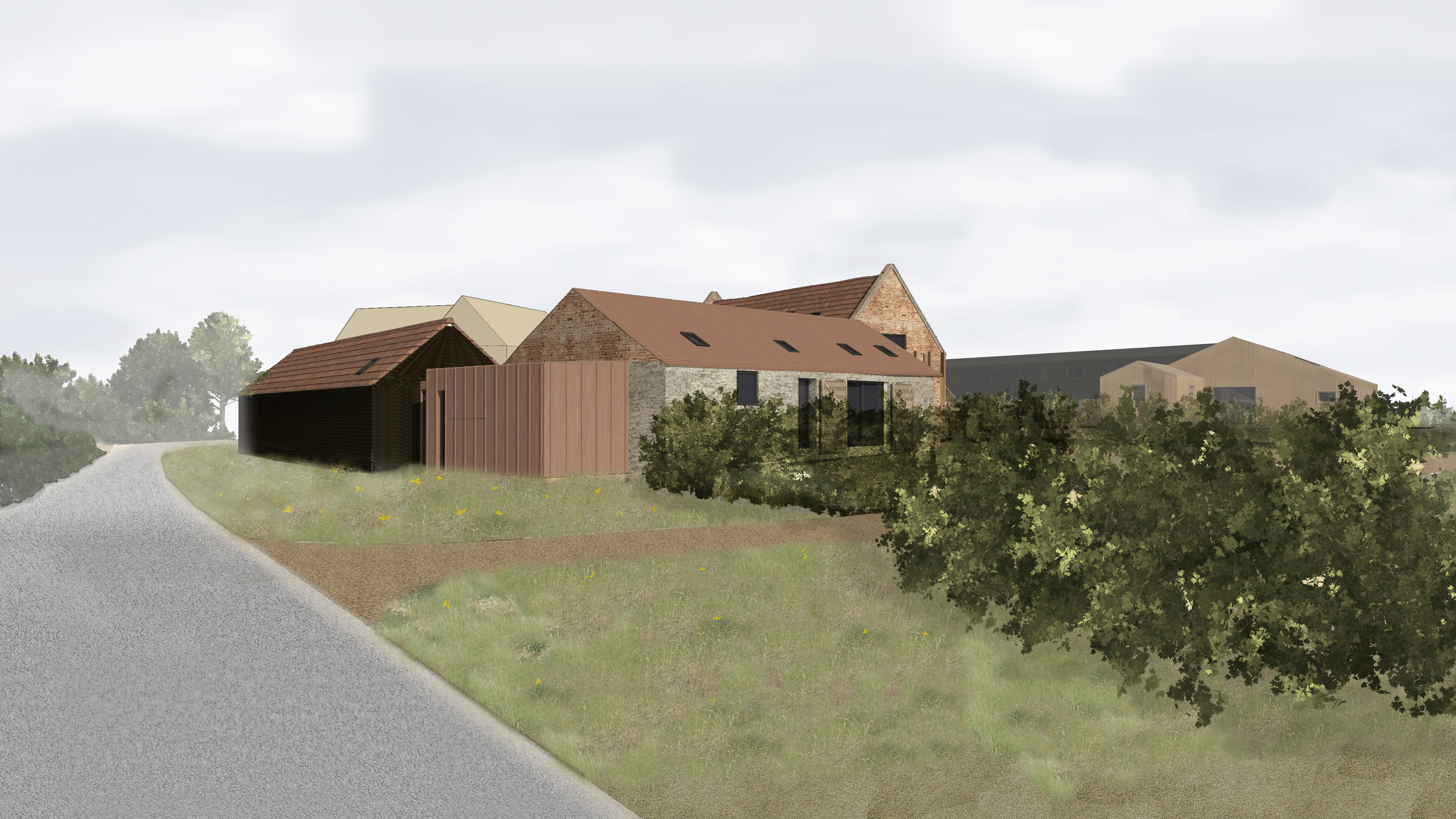 Digital rendering of a rural scene with multiple houses, including a stone house with a red roof, a dark wooden building, and modern structures in the background, surrounded by greenery and a gravel path.