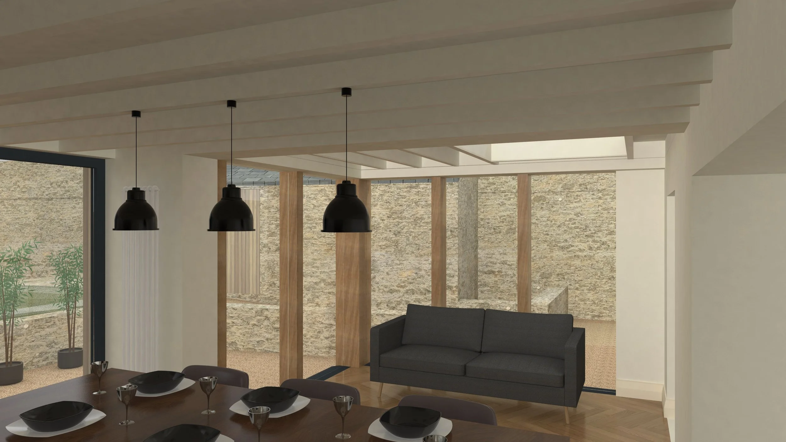 Interior living space with a dining table set with black bowls and glasses, black sofa, hanging black pendant lights, large window with plants outside, and wooden beams and fixtures.