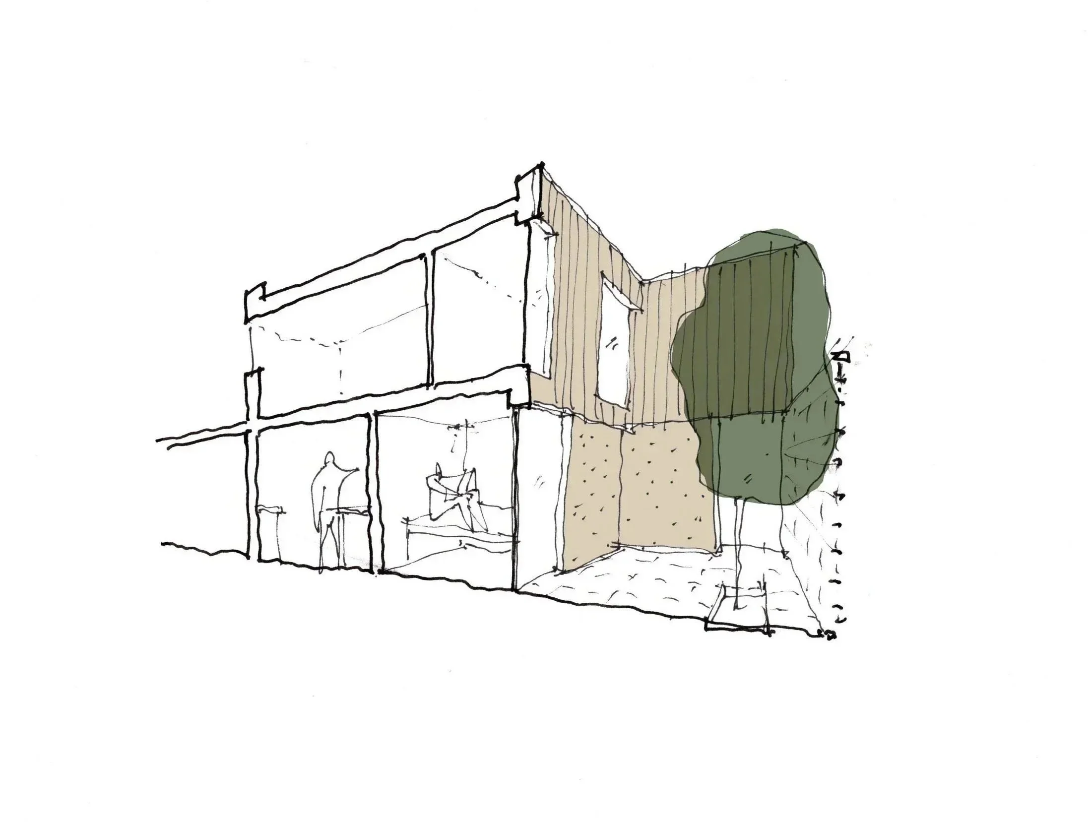 A sketch of a modern house with large glass windows, wooden accents, and a green tree nearby.