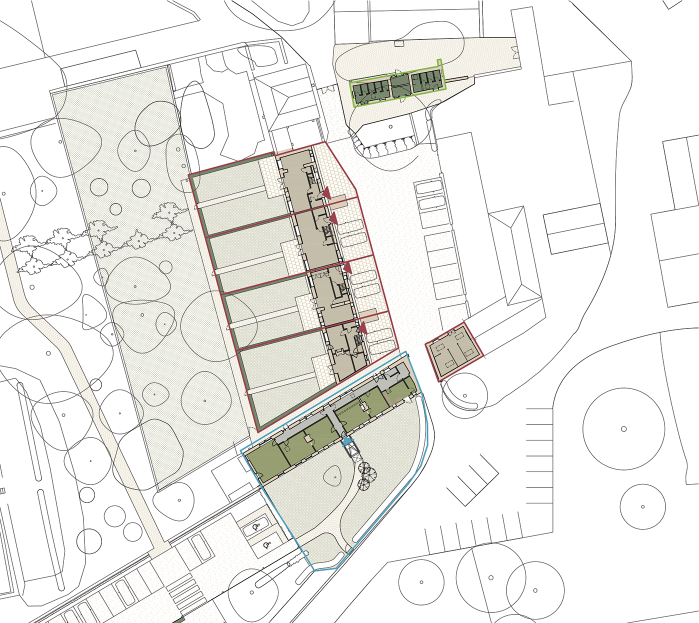 A detailed architectural site plan of a building complex, including building layouts, surrounding landscape with trees, parking lots, and pathways.