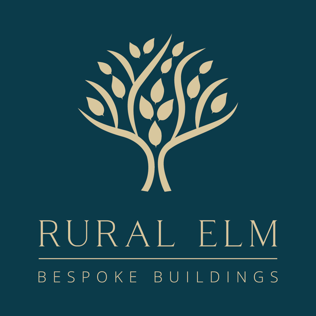 Logo for Rural Elm Bespoke Buildings with a stylized tree design in beige on a dark background.