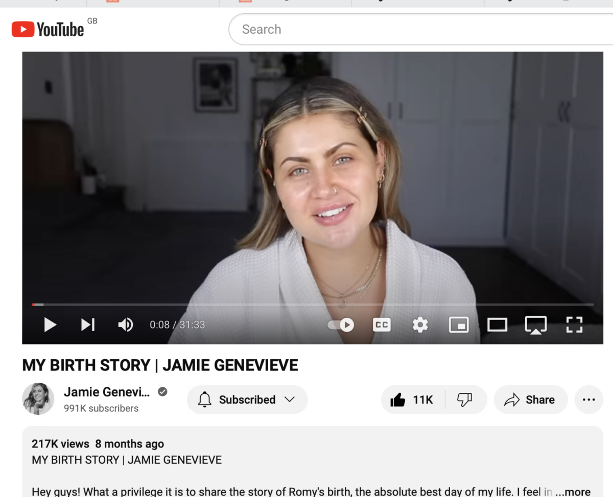 Thumbnail of a YouTube video titled 'MY BIRTH STORY | JAMIE GENEVIEVE,' showing a woman with light brown hair, wearing a white top, smiling inside a room with white cabinets and a framed picture on the wall.