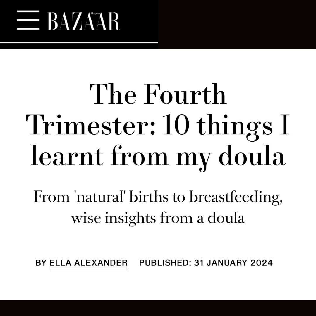 Title page of an article from Harper's Bazaar titled 'The Fourth Trimest: 10 things I learnt from my doula' by Ella Alexander, published on January 31, 2024.