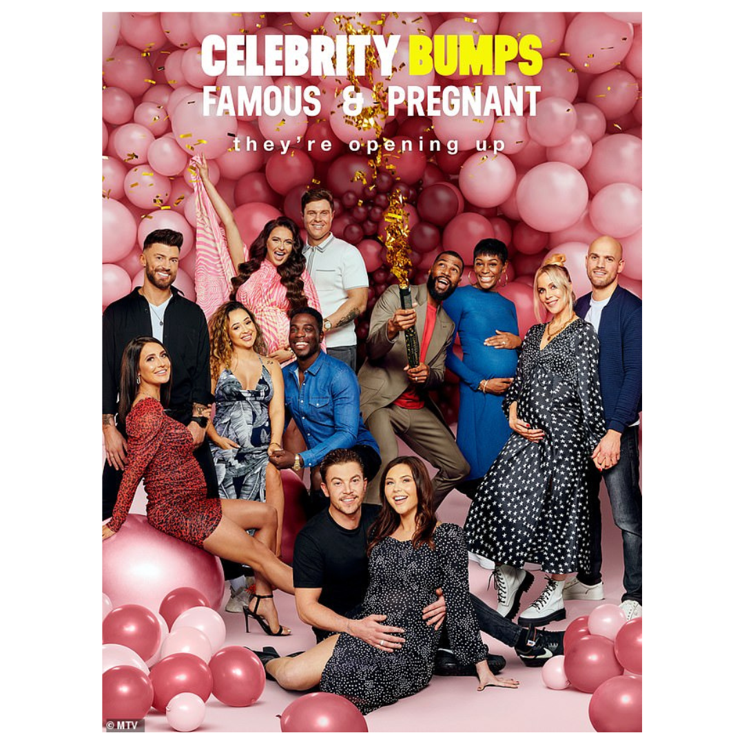 Group of diverse pregnant celebrities and influencers celebrating with pink balloons and gold confetti, promoting a pregnancy-themed event or show.