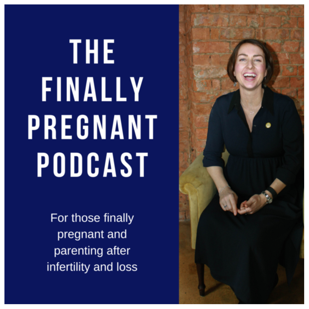 Cover image for The Finally Pregnant Podcast showing a smiling woman in a black dress seated on a yellow couch against a brick wall, with a dark blue background and white text that reads 'The Finally Pregnant Podcast' and a subtitle about pregnancy and parenting after infertility and loss.