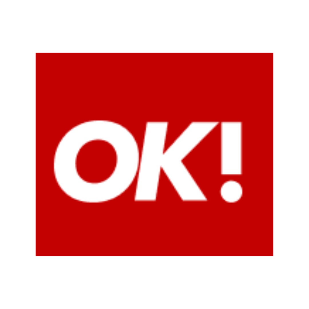 Red square background with the white text 'OK!' centered in the middle.