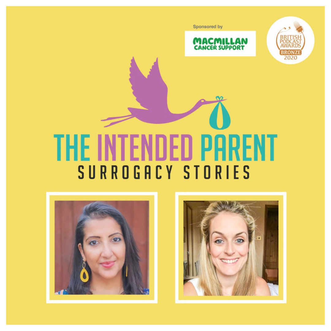 Cover design for a podcast episode titled 'The Intended Parent Surrogacy Stories' with two women in photos, one with dark hair and earrings, the other with blonde hair smiling, and a logo of a stork carrying a bundle. Sponsored by Macmillan Cancer Support, with a British Podcast Awards Bronze badge from 2020.