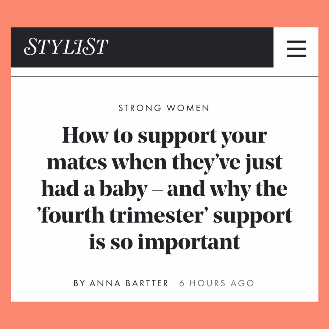 A webpage from a style website titled 'Strong Women' with an article about supporting new mothers, written by Anna Barter, with a burger menu icon at the top right corner.
